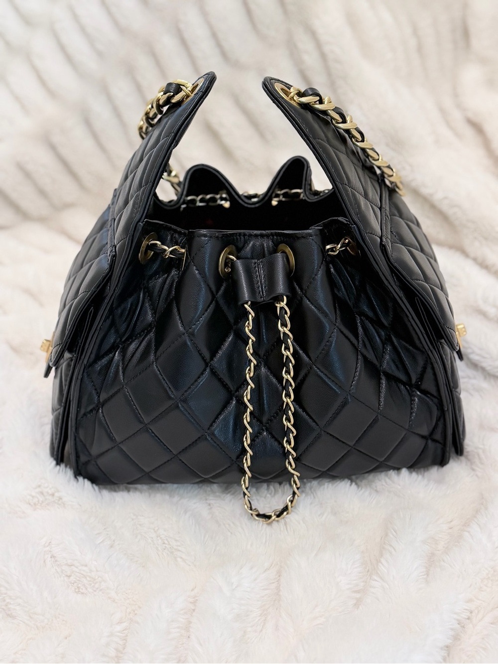 Quilted Black Leather Shoulder Bag with Gold Chain Detail